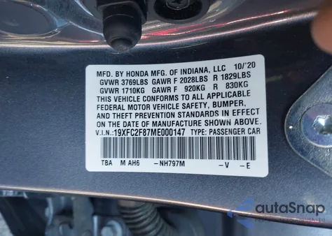 2021 Honda Civic Sport z USA, uszkodzony, nr VIN 19XFC2F87ME000147